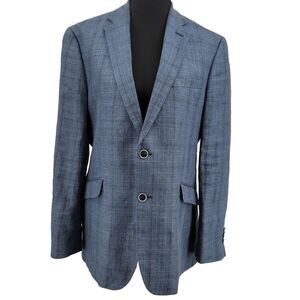 Joseph Abboud Mens Slim Fit Blue Glen Check Plaid 100% Linen Blazer Jacket 40R
